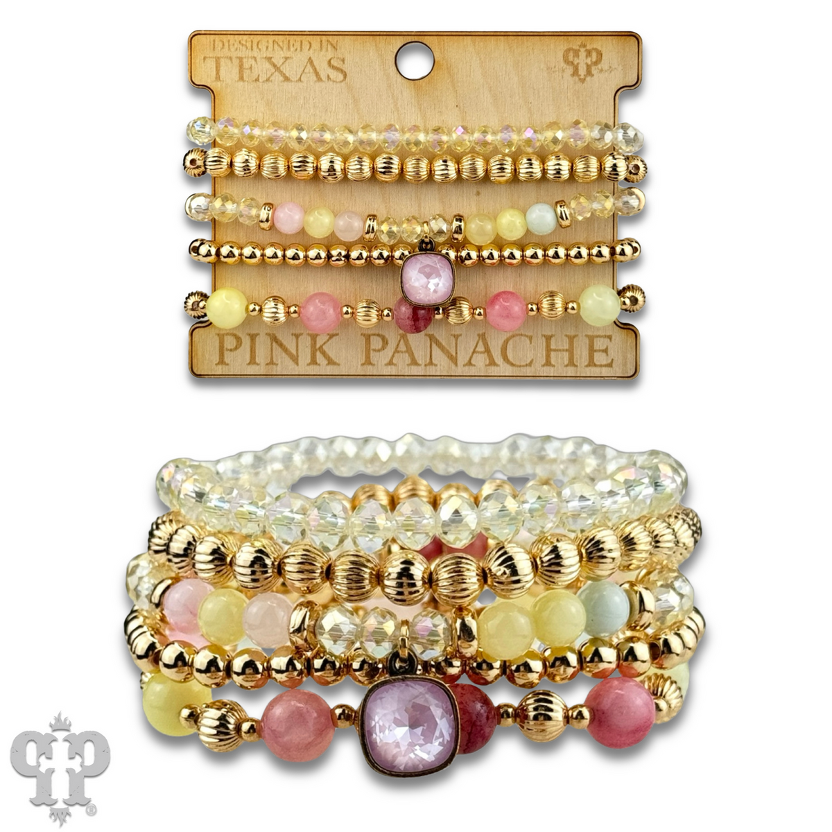 Gold and glass bead bracelet with Austrian crystal