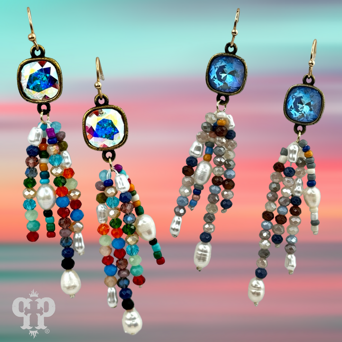 Bead fringe earring, Austrian crystal - LC