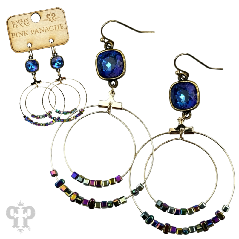 Square stone bead and crystal circle earring, Austrian crystal