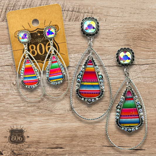 Western serape teardrop earring, square rhinestone post