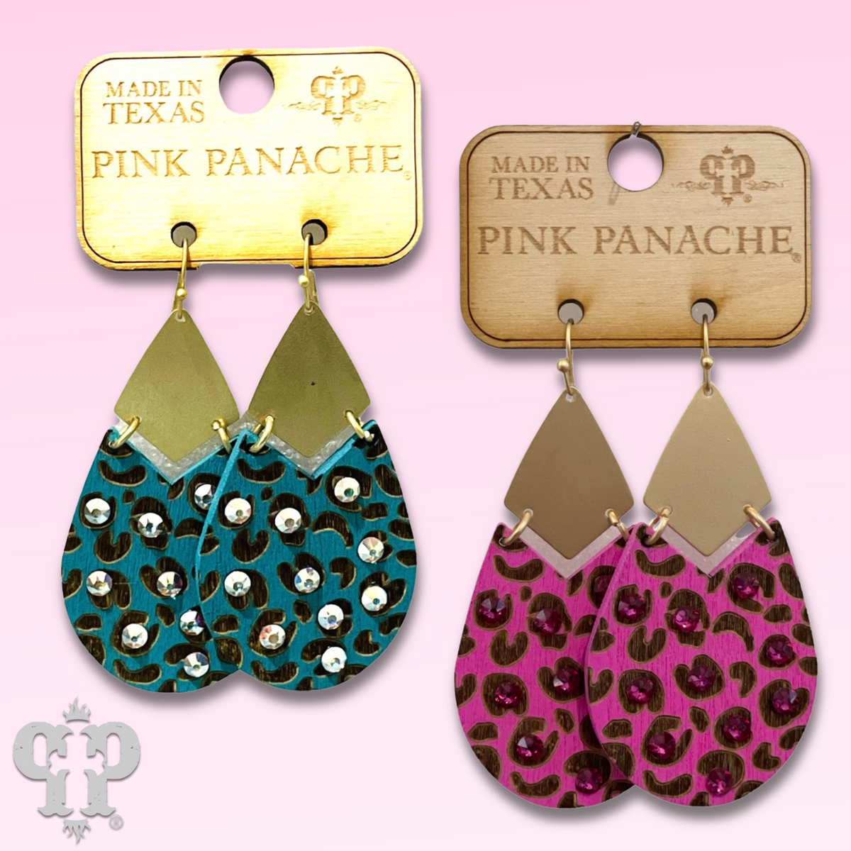 Animal print wood teardrop earring, Austrian crystal - LAST CALL
