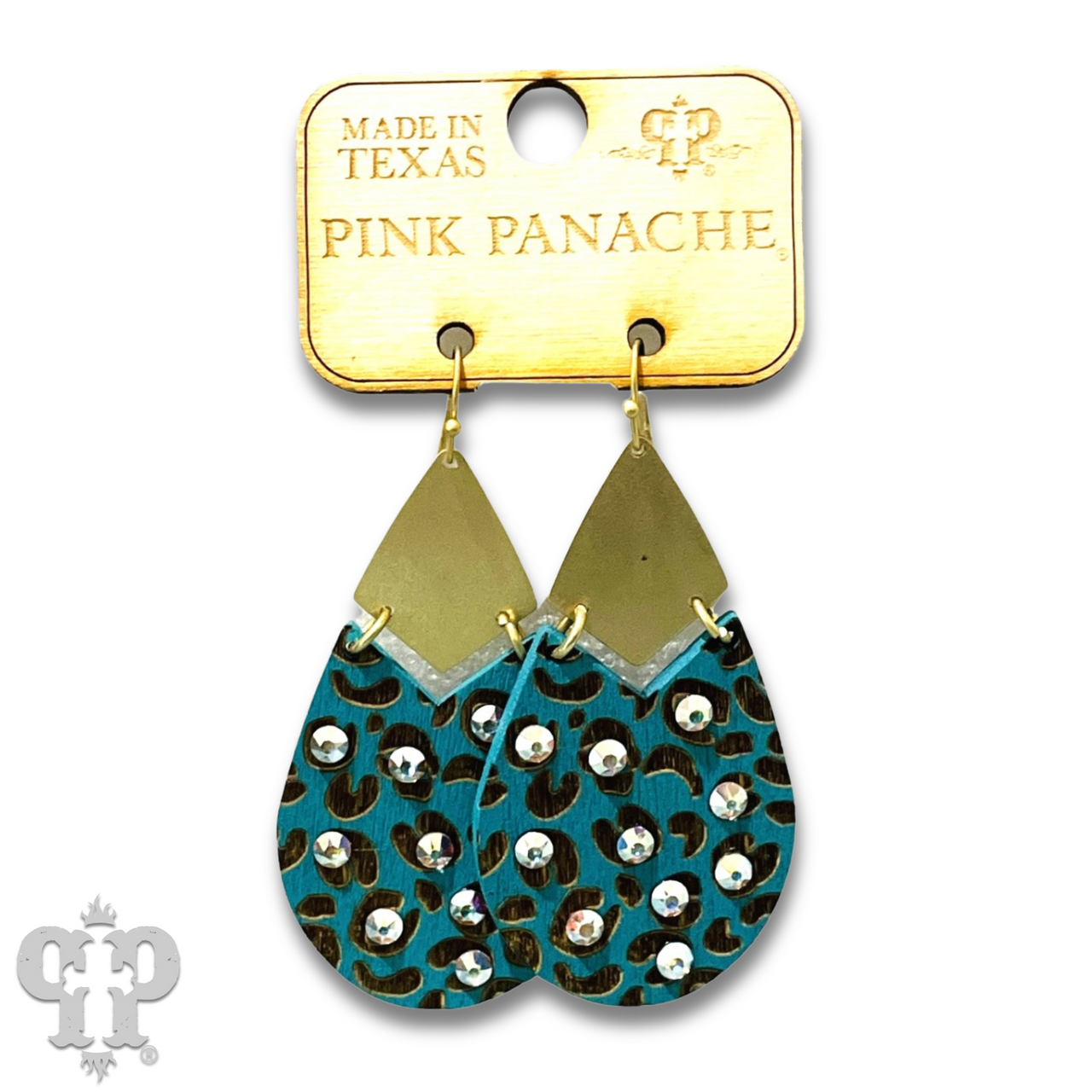 Animal print wood teardrop earring, Austrian crystal - LAST CALL