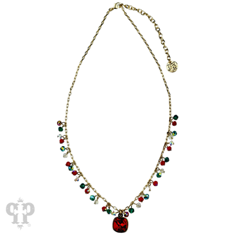 Colorful beads and chain link pendant necklace, Austrian crystal
