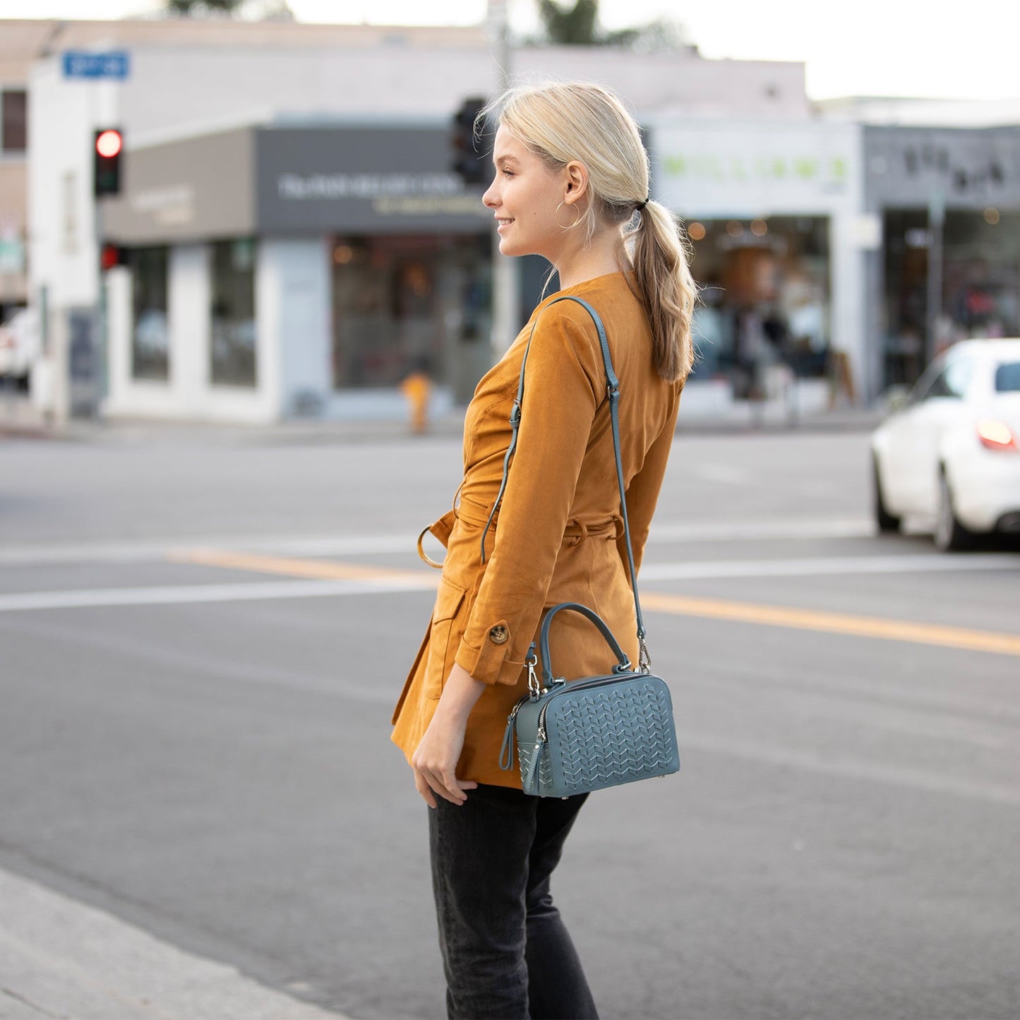 SUSU the Kayla Woven Leather Crossbody Bag Blue