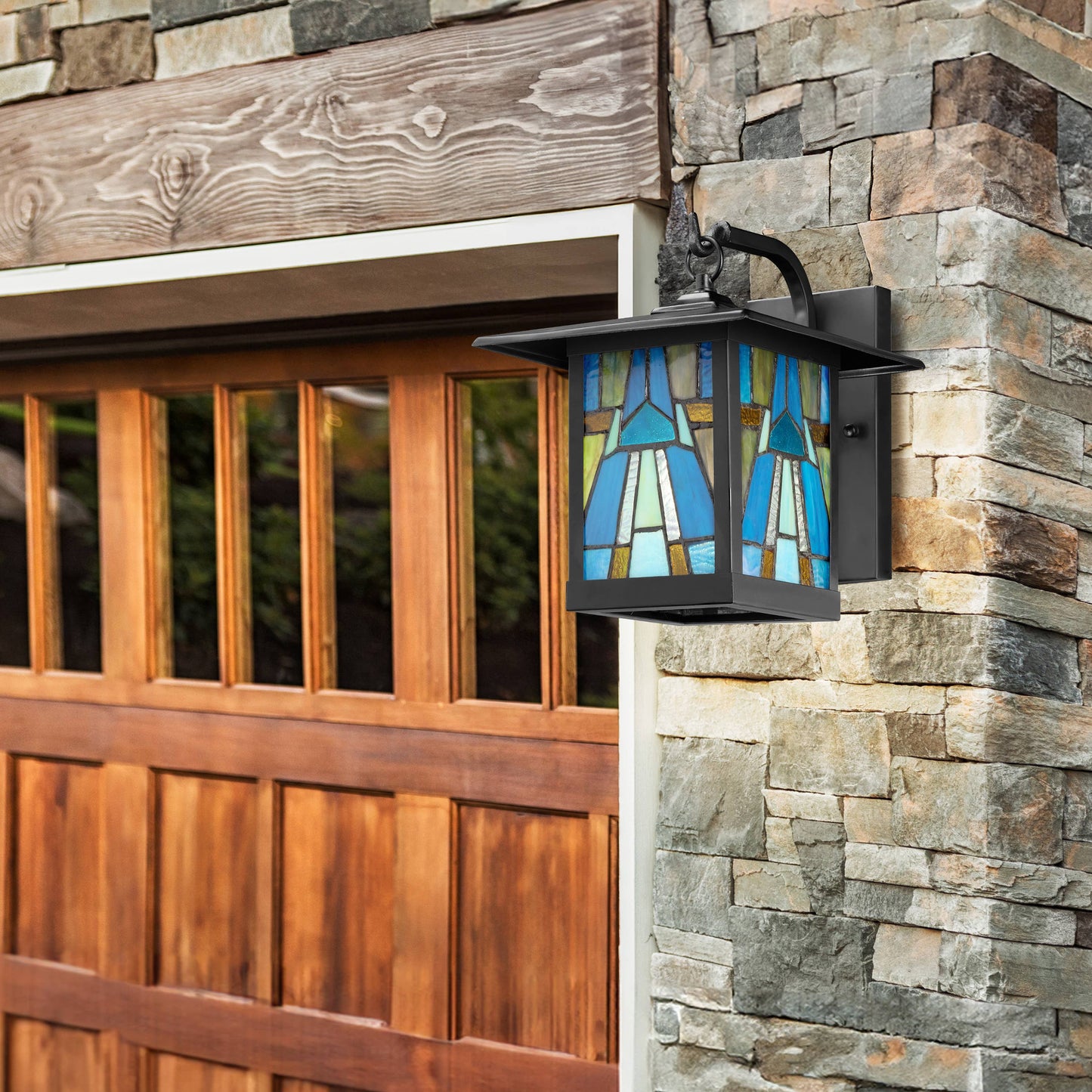 11.75"H Aqua and Amber 1-Light stained glass Outdoor Lantern Wall Sconce