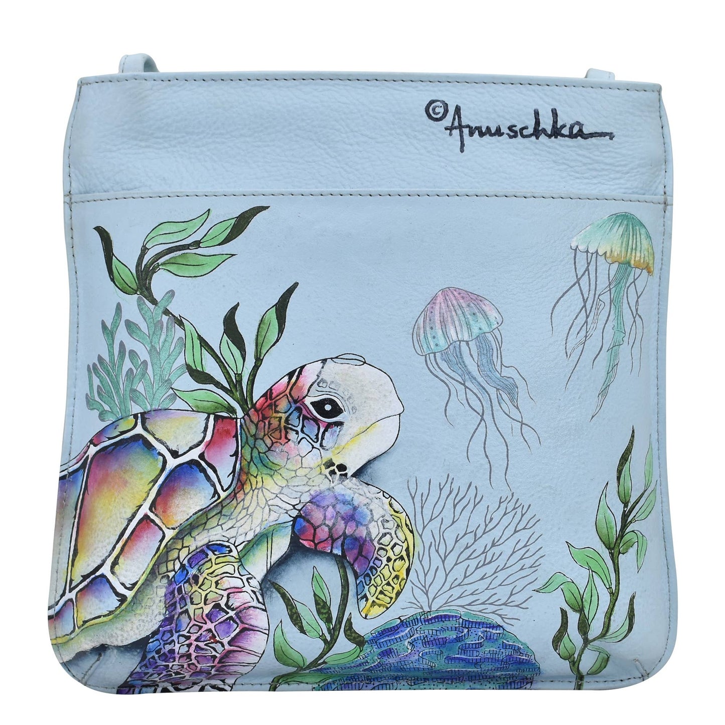 Anuschka Hand-Painted Leather Slim Crossbody With Front Zip - 452-sea turtles
