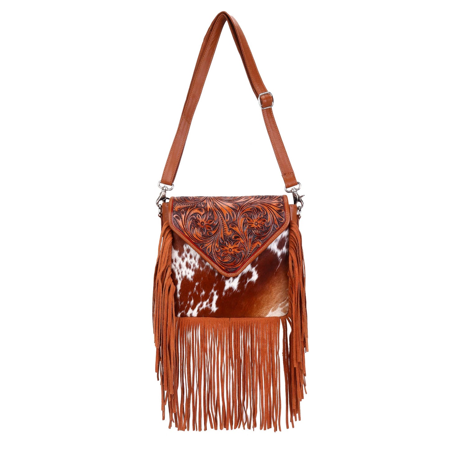 Leather Cowhide Western Hand Tooled Women Crossbody Bag-Brown and white