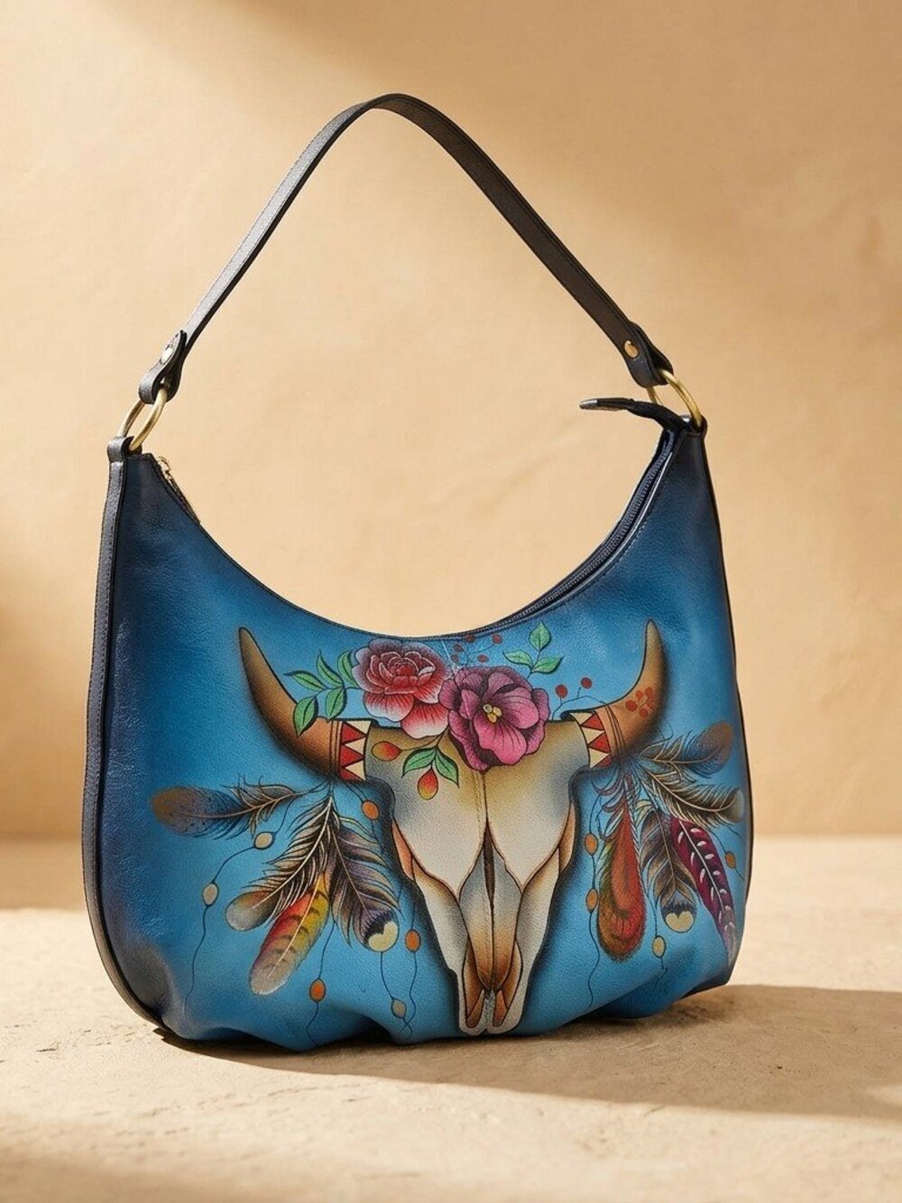 Anuschka Handpainted blue ombre Boho Spirit Skull Hobo Bag