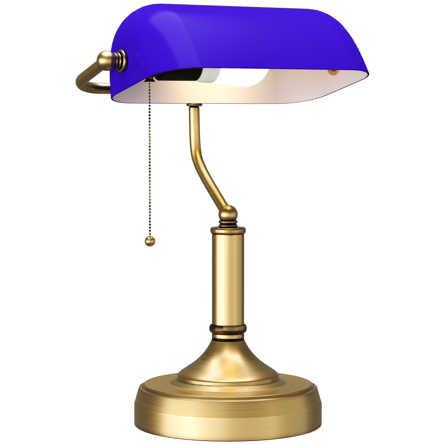 Banker's Desk Lamp With Antique Bronze Tone Base, Table Lamp With Blue Glass Shade For Home Office, Blue