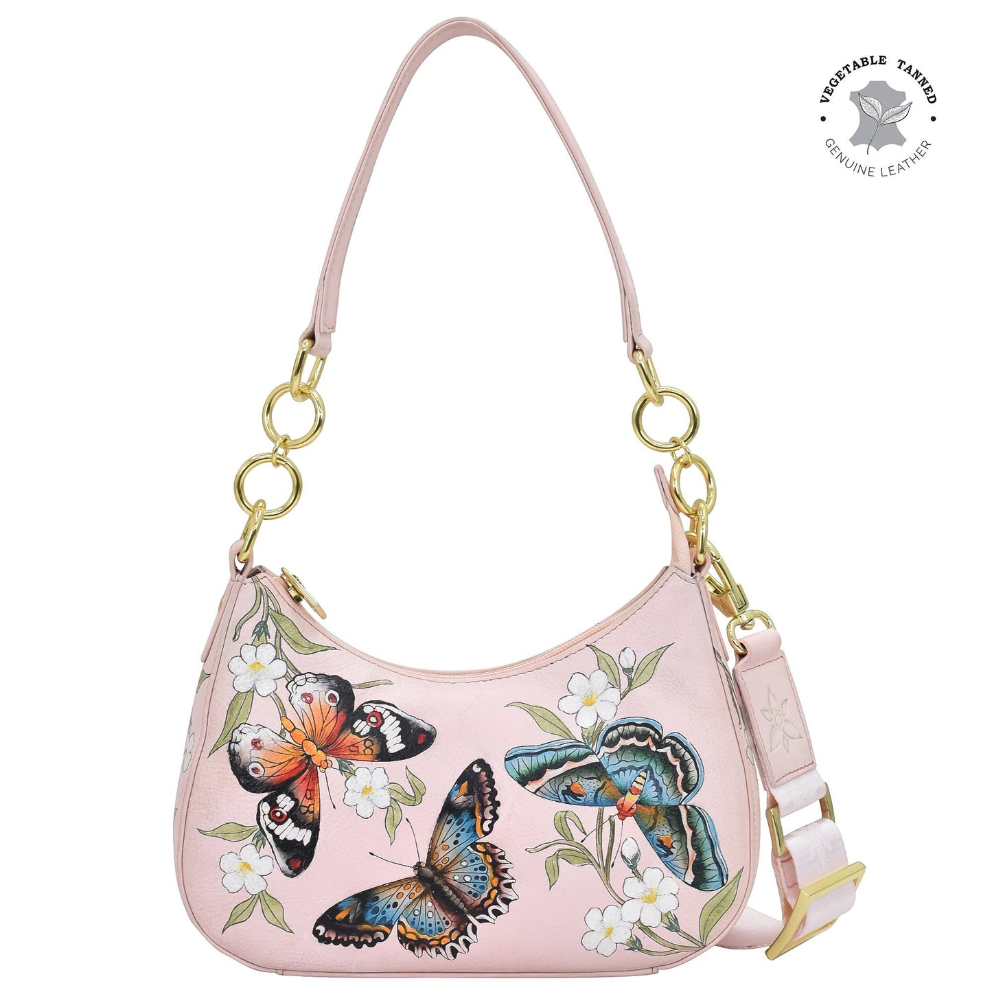 Anuschka Hand-Painted Leather Small Convertible Hobo - 701-dusty pink with butterfly