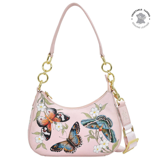 Anuschka Hand-Painted Leather Small Convertible Hobo - 701-dusty pink with butterfly