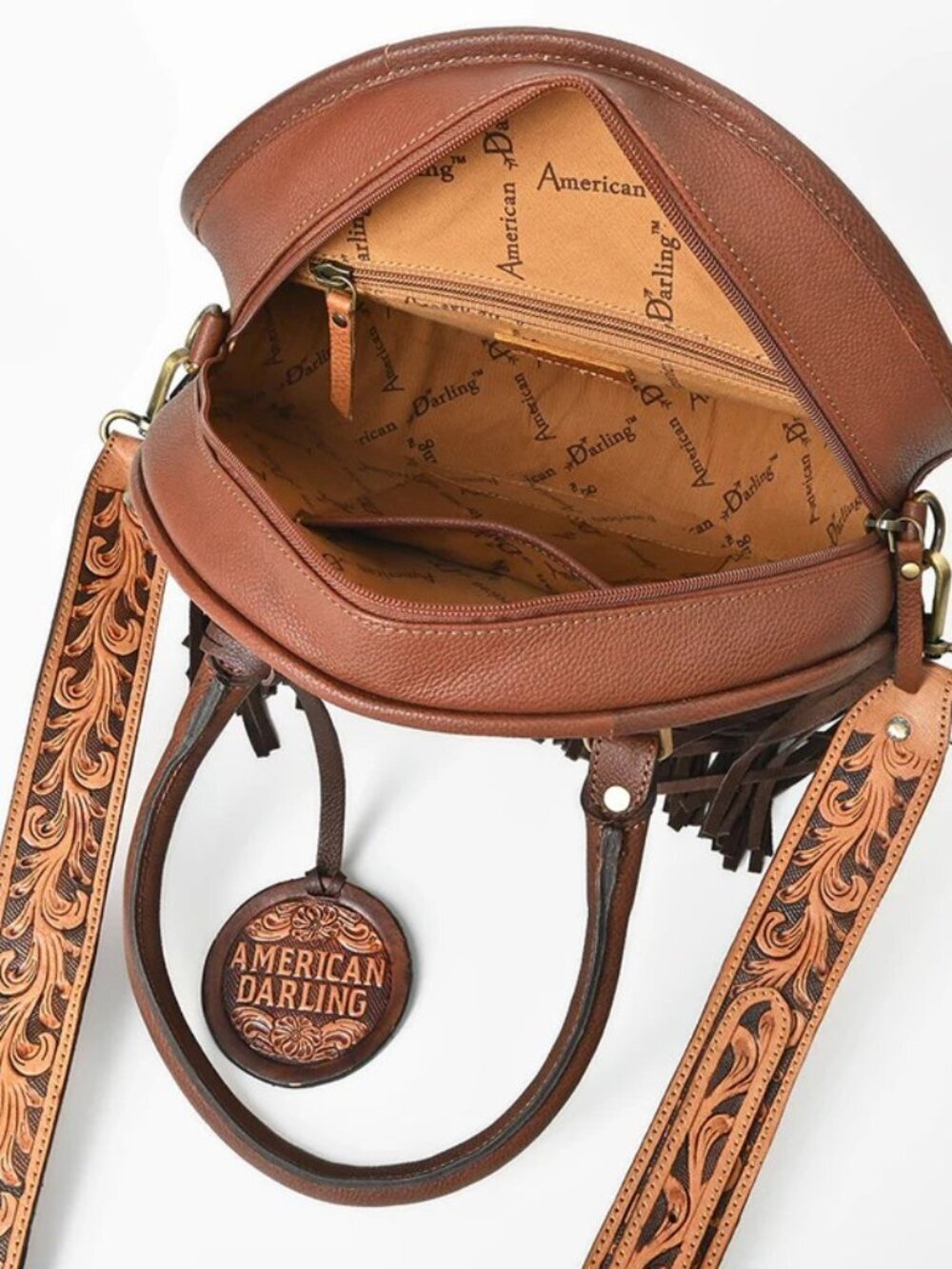 American Darling Patchwork Boho Fringe Tooled Crossbody Canteen Bag