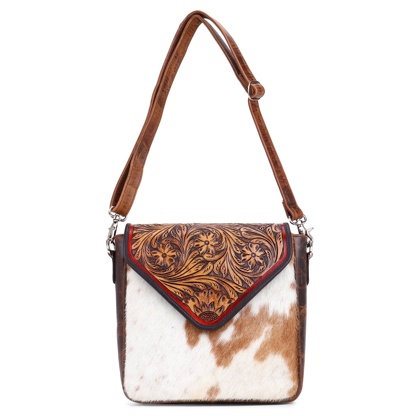 Leather Cowhide Western Hand Tooled Women Crossbody Bag-Brown and white