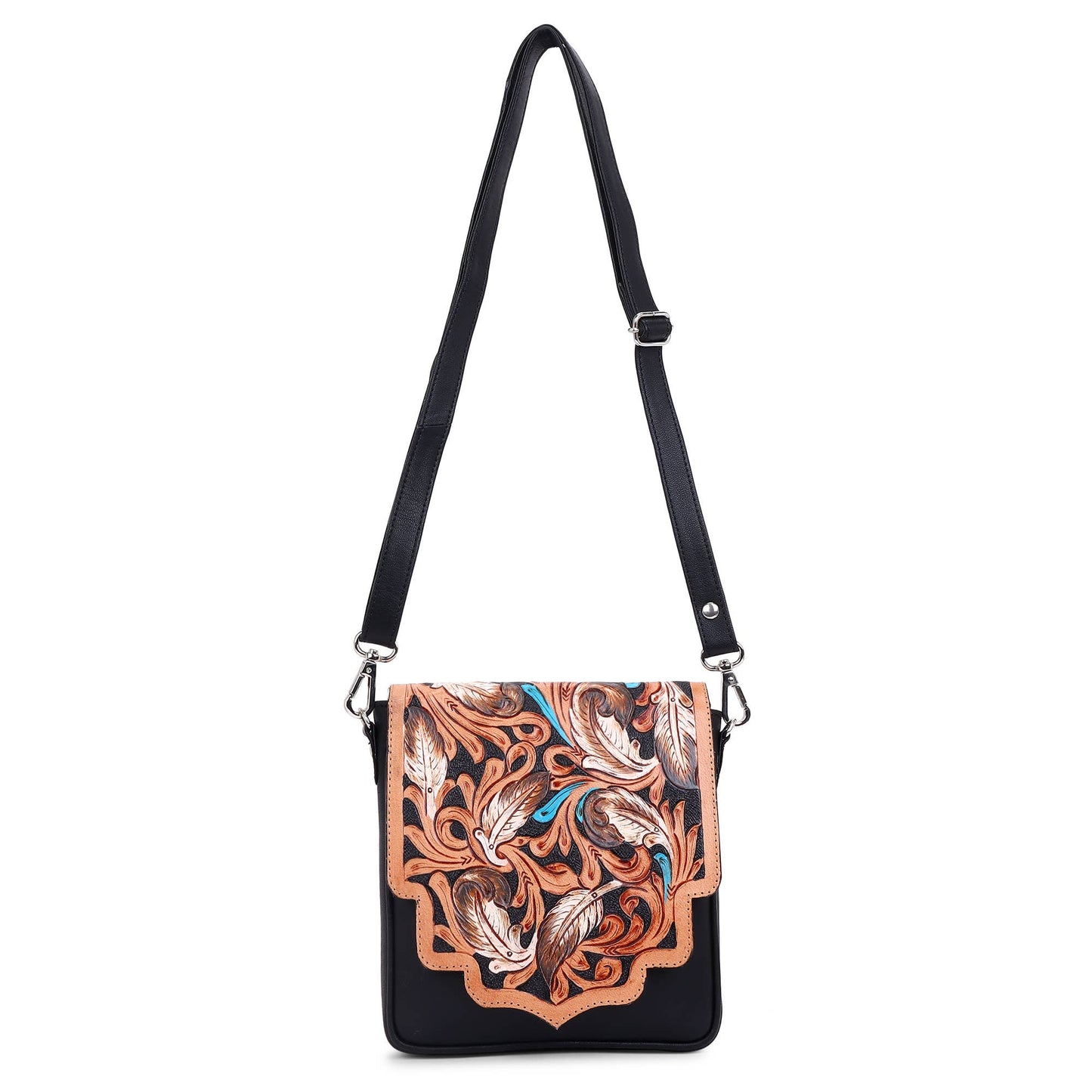 Hummingbird Blooms Leather Tooled Fringed crossbody