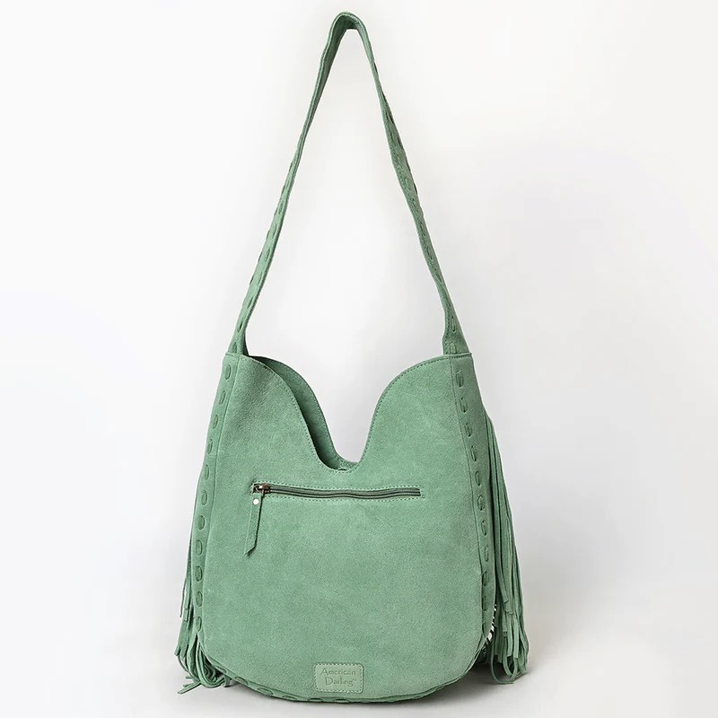 American Darling Green Fringe Genuine suede Shoulder Bag - Boho Tribal Embroidered Western Purse