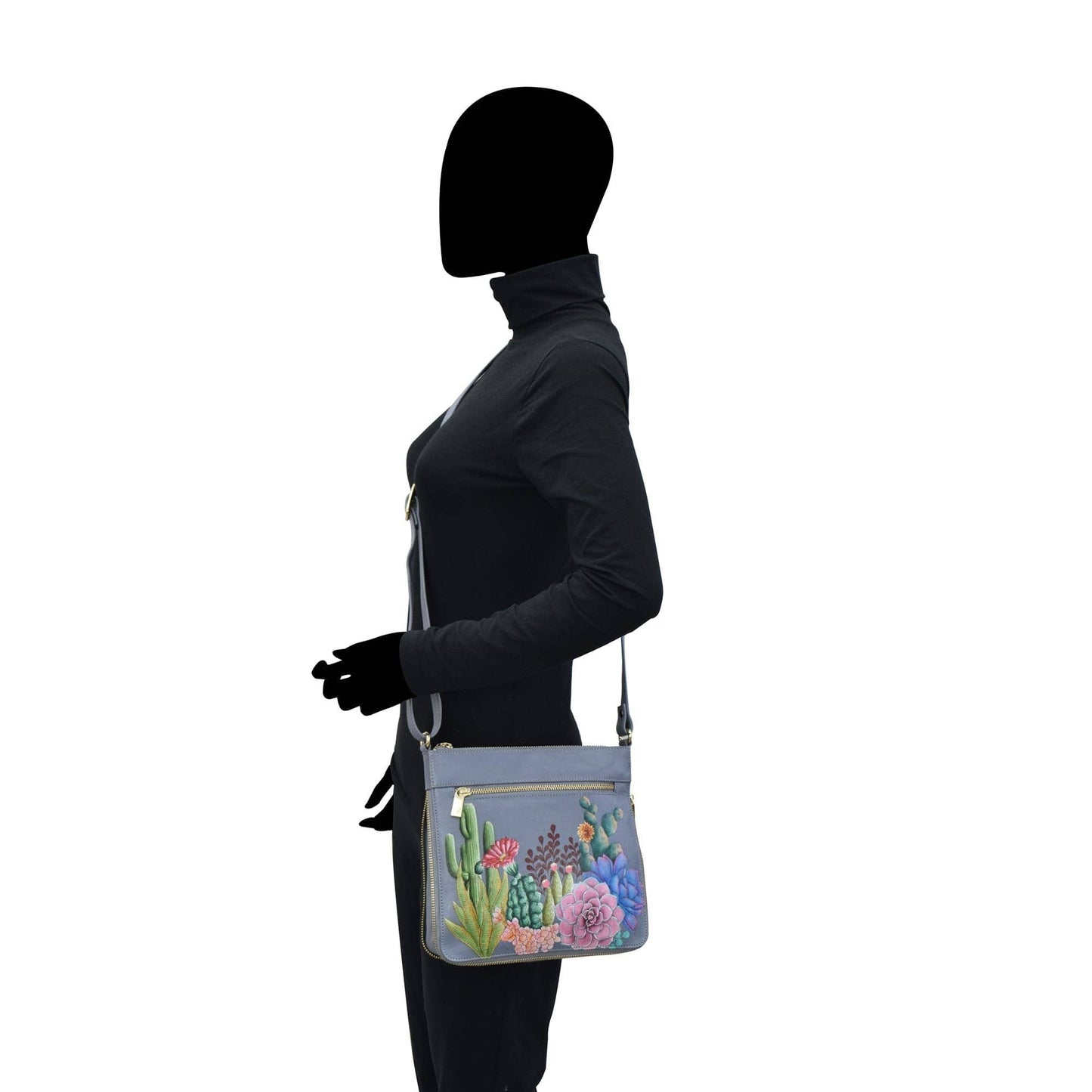 Anuschka Hand-Painted Leather Expandable Travel Crossbody - 550- dusty blue with cactus flowers