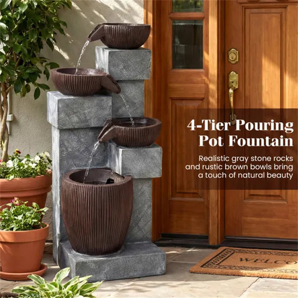 4-Tier Waterfall Fountain With LED Lights, Resin Fiberglass Outdoor Fountain With Adjustable Flow For Garden Patio