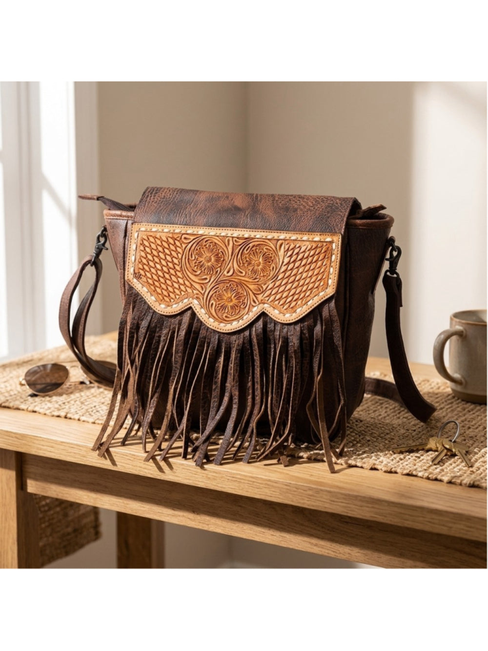 American Darling Western Boho Fringe Tooled Crossbody Bag