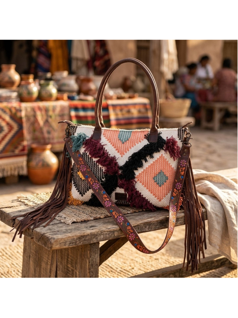 American Darling Dark Skys and Sunrise Boho Fringe Embroidered 4 in 1 Satchel