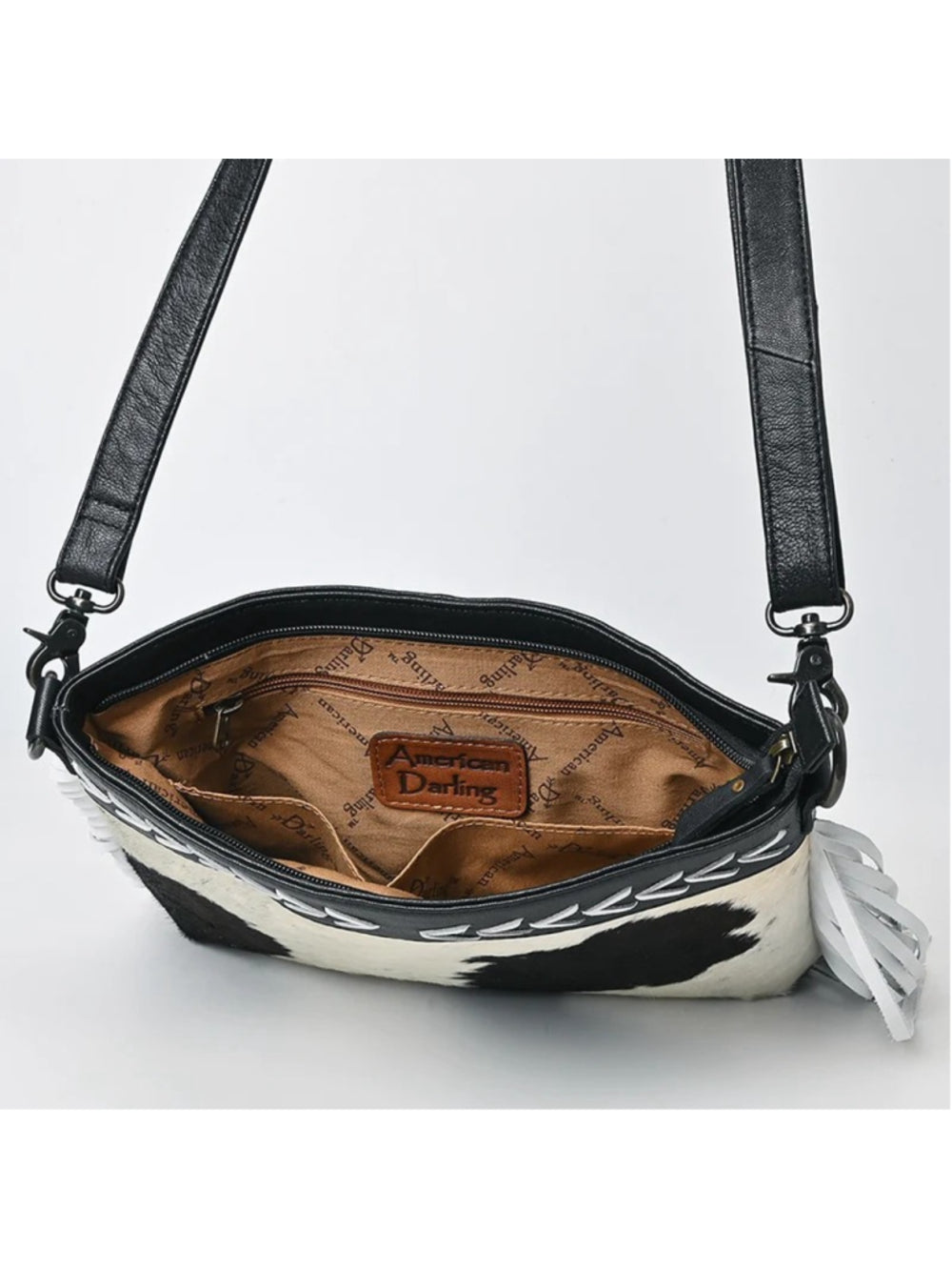 American Darling Western Oreo Black and White) Cowhide Fringe Crossbody Bag