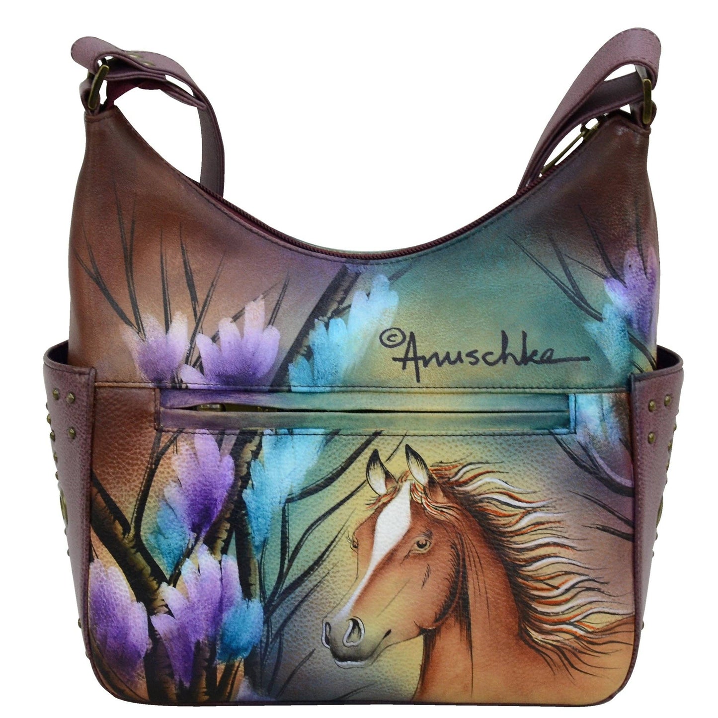 Anuschka Hand-Painted Leather Classic Hobo With Studded Side Pockets - 433-horse