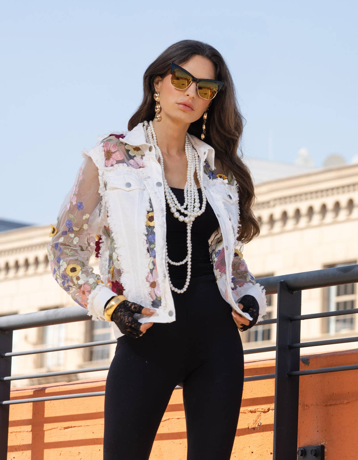 2406W - White Denim Jacket with Floral Embroidery