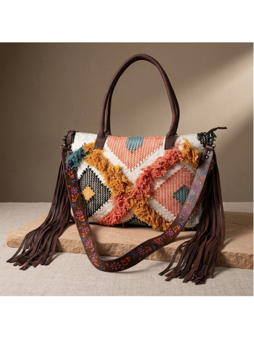 American Darling Sunrise and Dark Skys Boho Fringe Embroidered 4 in 1 Satchel