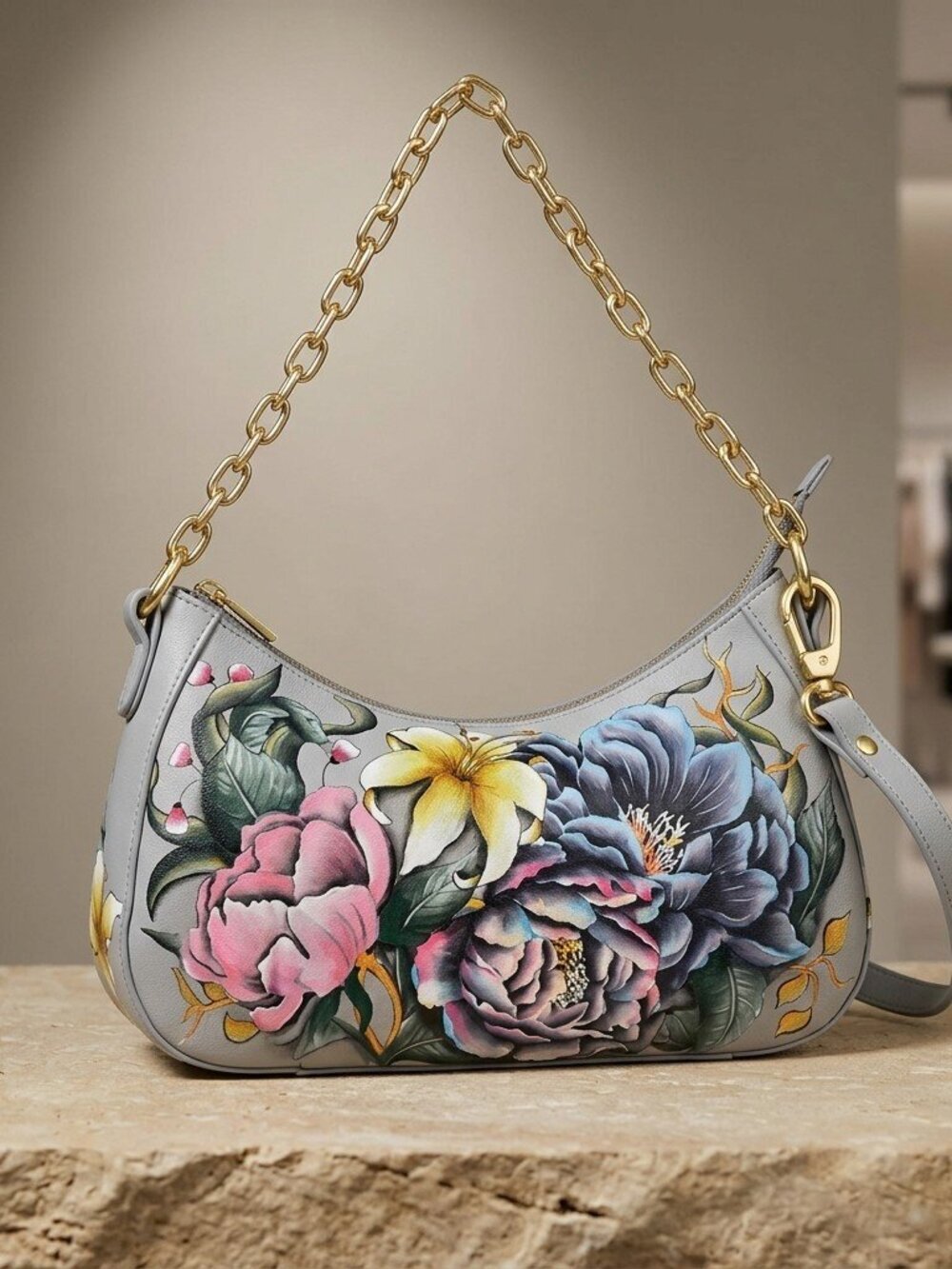 Anuschka East to West Hobo hand painted floral with removable crossbody strap