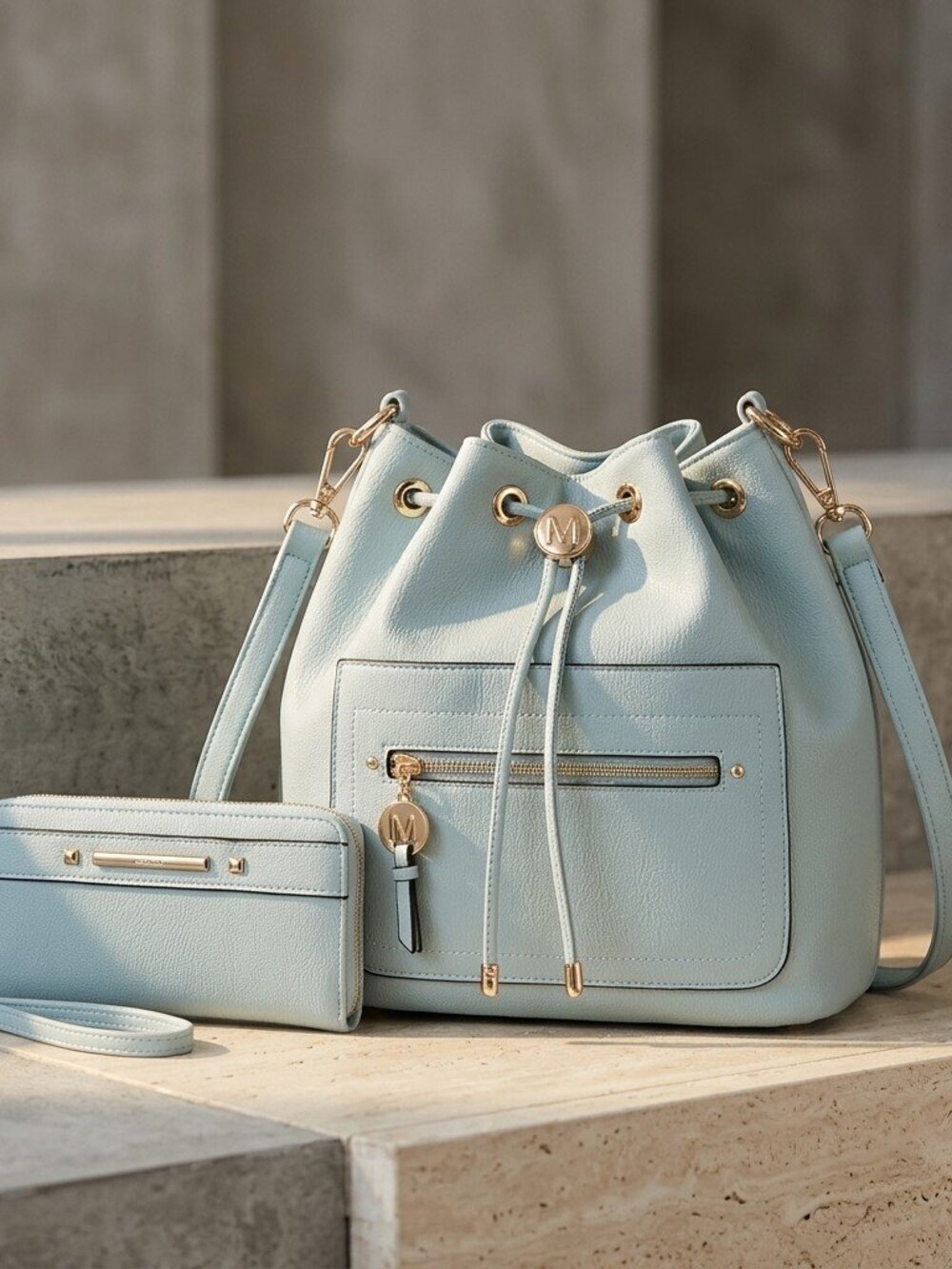 Larissa Vegan Leather Bucket Hobo Bag-Aster Seafoam Mist Convertible Bucket Set