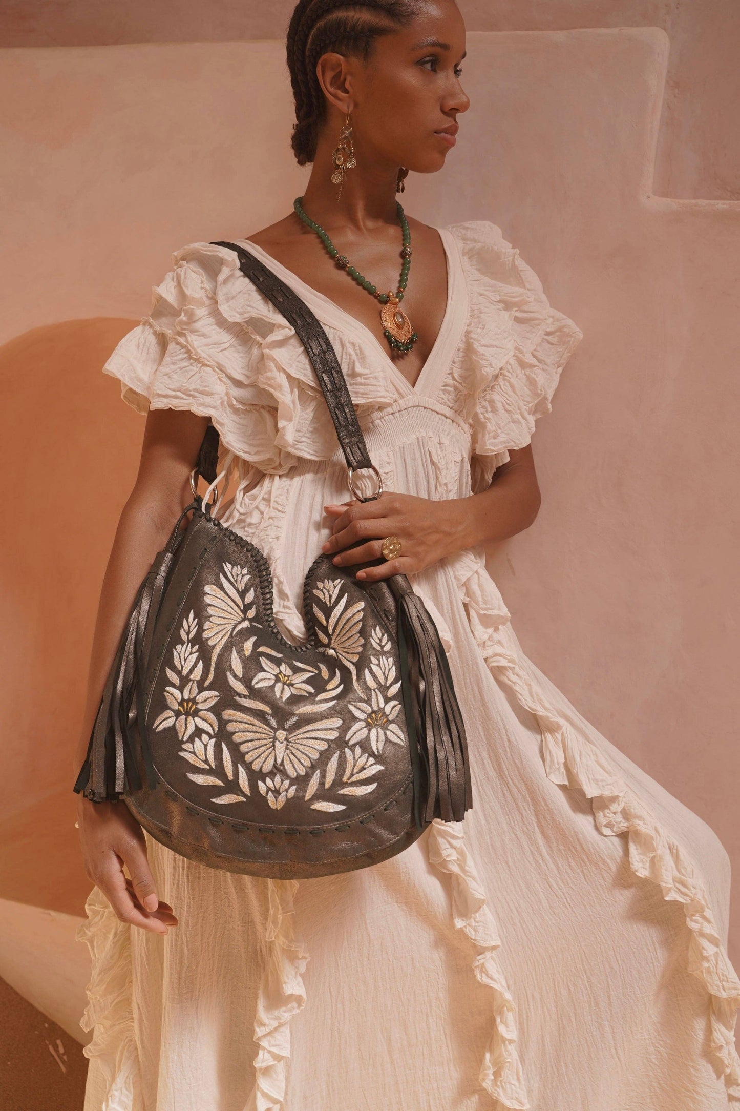 Luna Embroidery Bag Metallic Olive