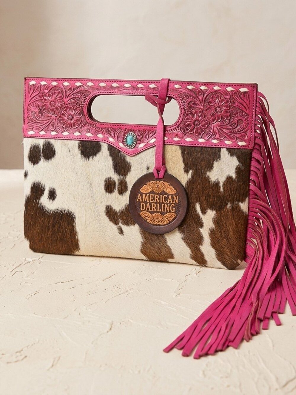 American Darling Pink Fringe Cowhide Clutch