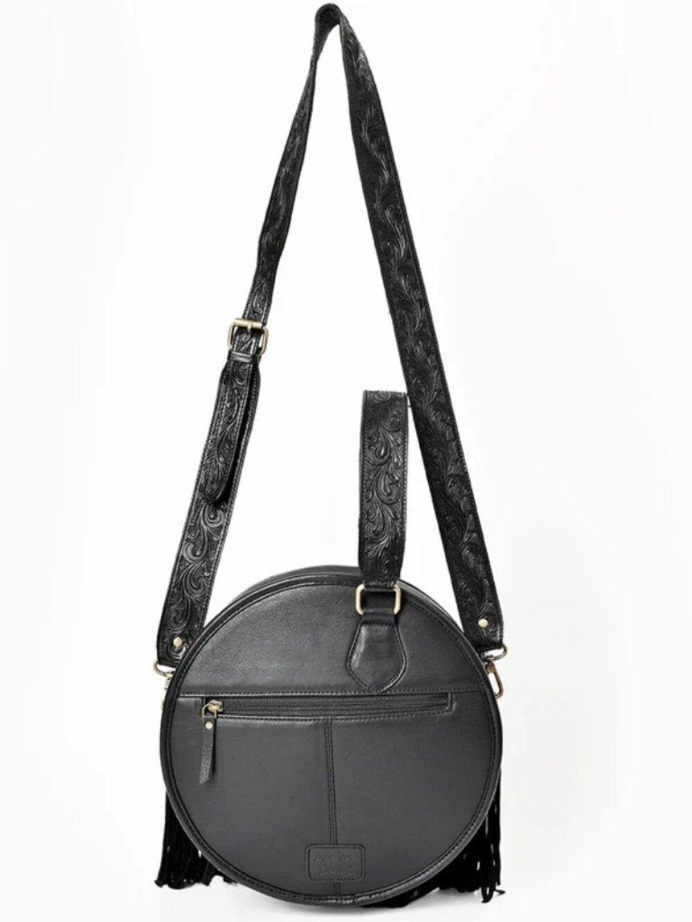 American Darling mixed media Black Western Round Fringe Crossbody Canteen Bag