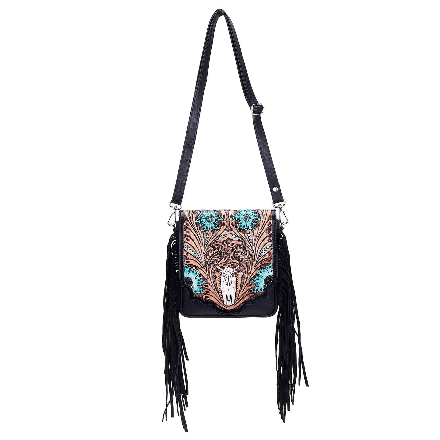 Hummingbird Blooms Leather Tooled Fringed crossbody