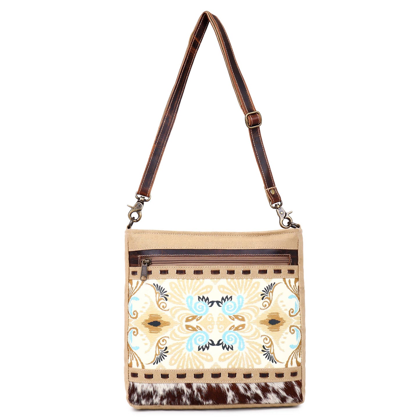Canvas Cowhide & Leather Women Shoulder Bag - Khaki