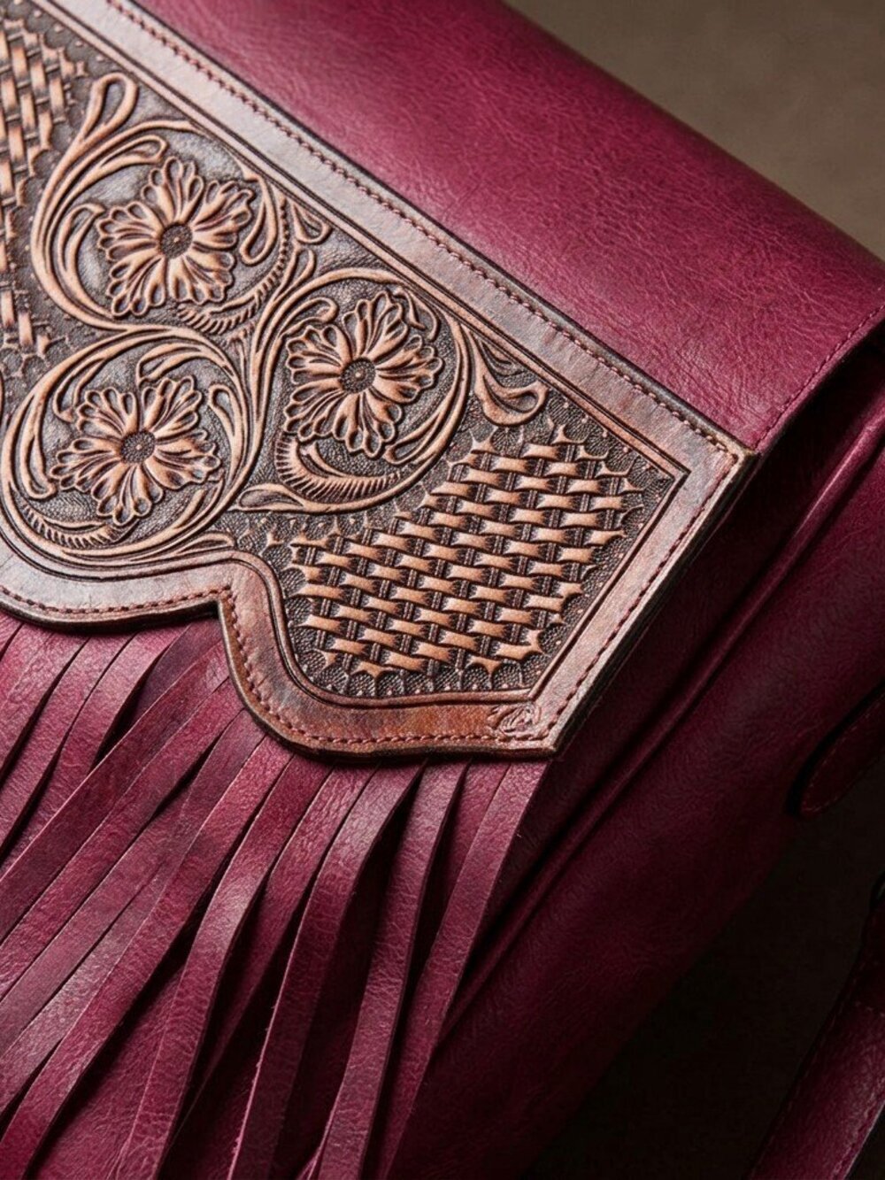 Magenta Western Fringe Leather Crossbody Bag