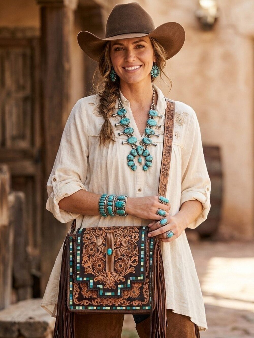 American Darling Turquoise Bloom Fringe Crossbody