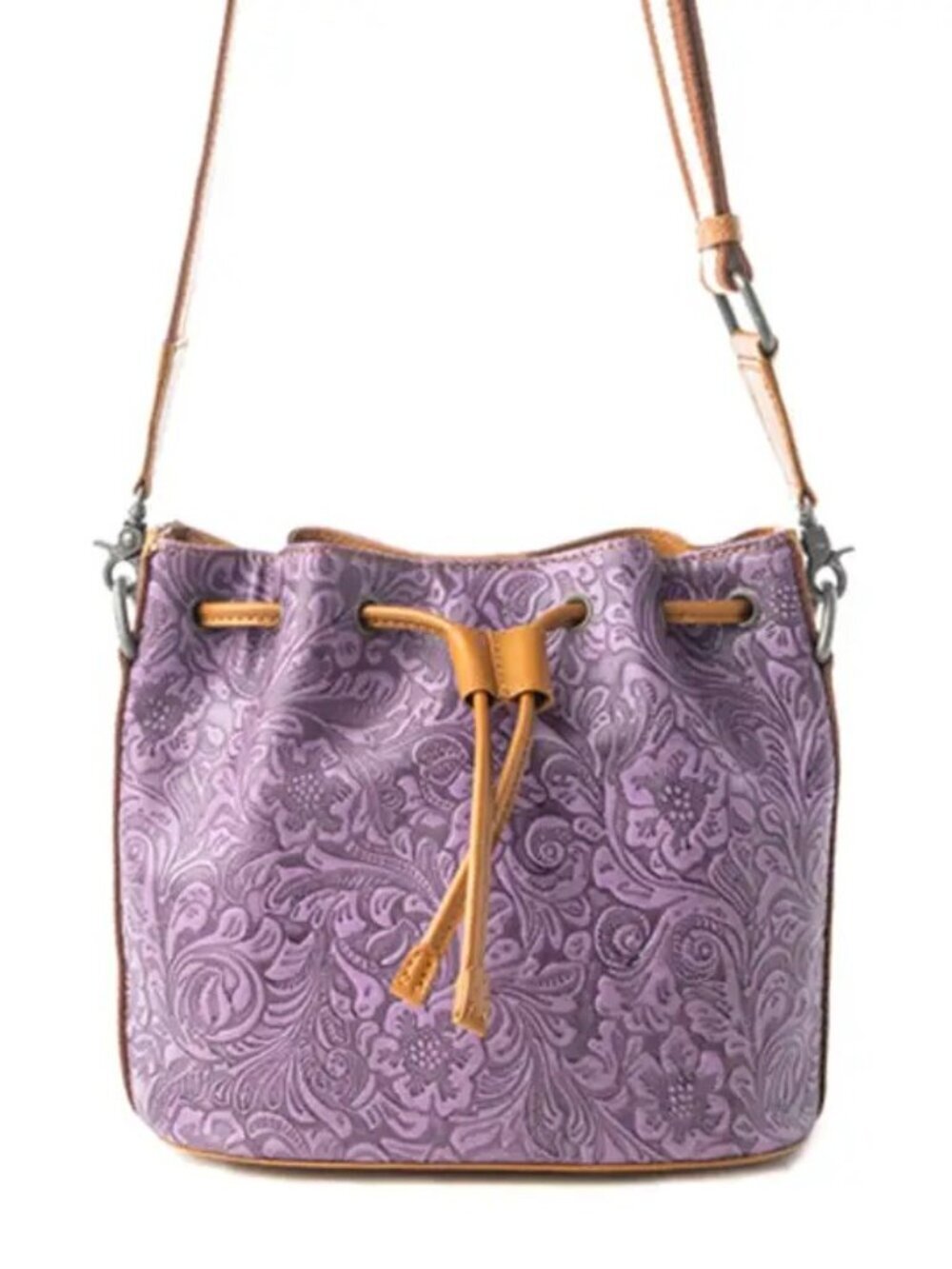 Lilac Storyweave Crossbody Bloom Embossed Leather Bucket Bag in Mystic Lilac