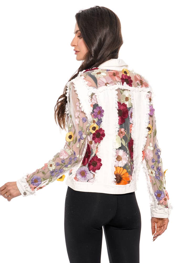 2406W - White Denim Jacket with Floral Embroidery