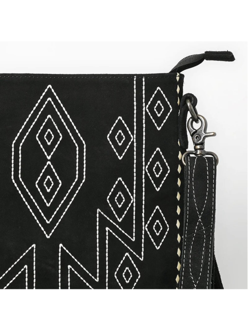 American Darling Black Suede Stitched Boho Fringe Western Crossbody Bag