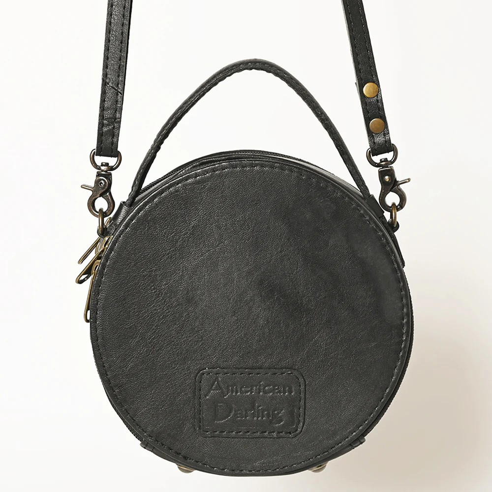 American Darling Western Tooled Leather Crossbody Canteen Bag Floral Carved Black and Pink Floral Inlay