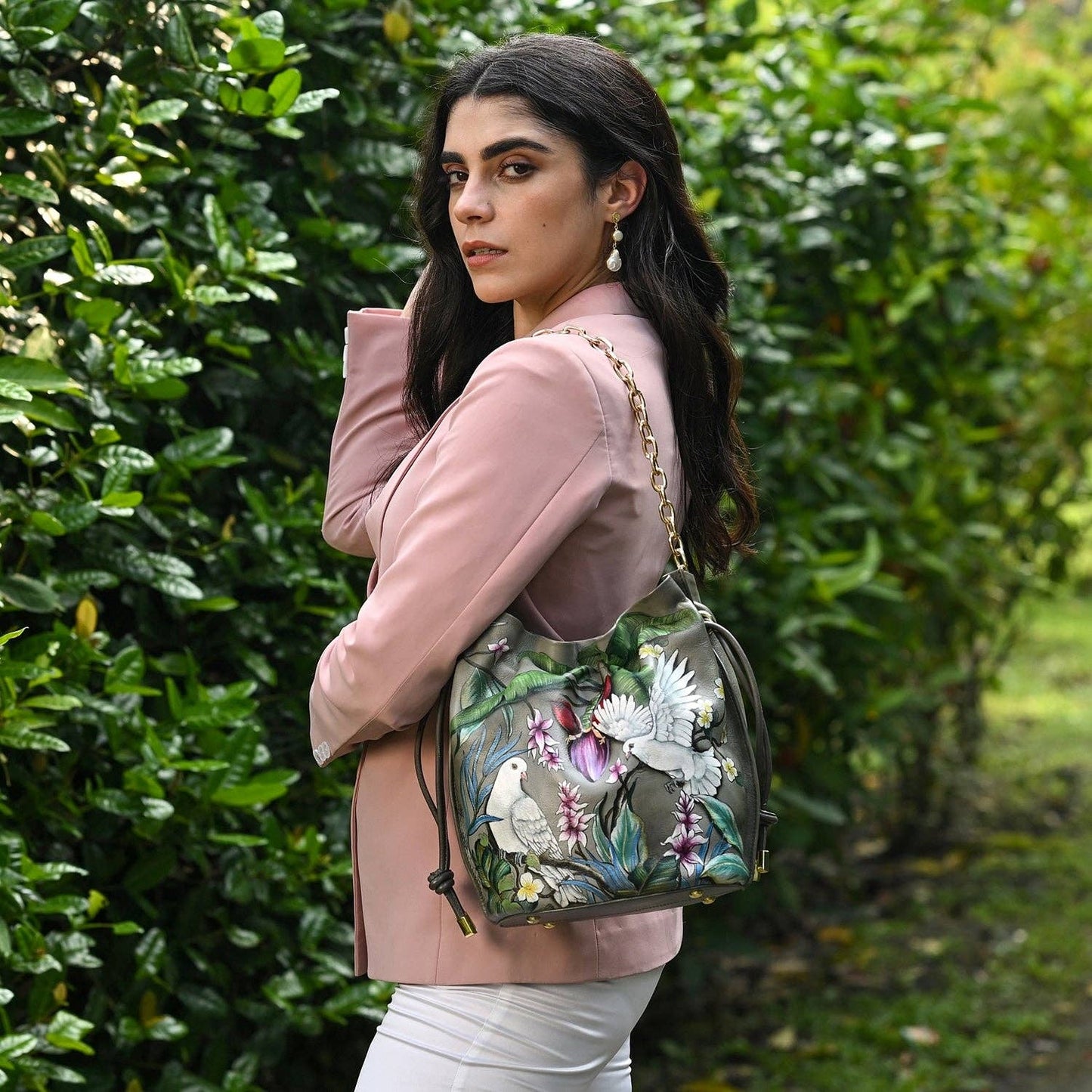 Anuschka Drawstring Bucket Bag - 723 with dove design