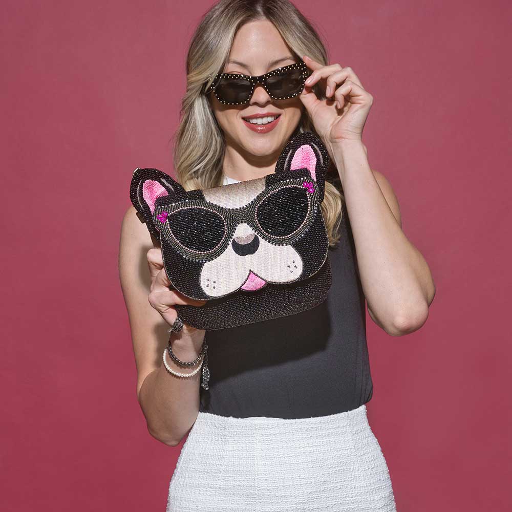 Mary Frances Throw Me a Bone Beaded Dog with Glasses Crossbody Handbag