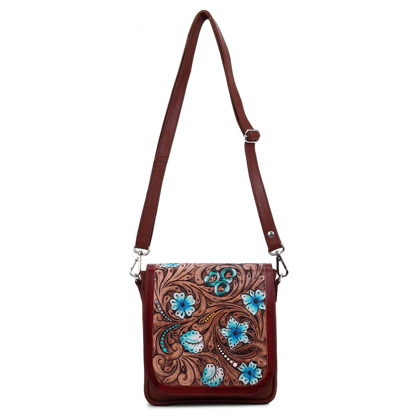 Hummingbird Blooms Leather Tooled Fringed crossbody