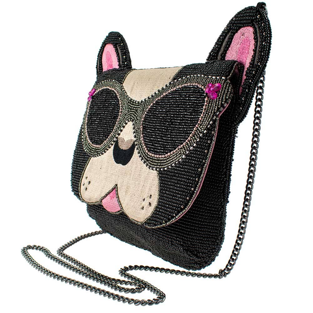 Mary Frances Throw Me a Bone Beaded Dog with Glasses Crossbody Handbag