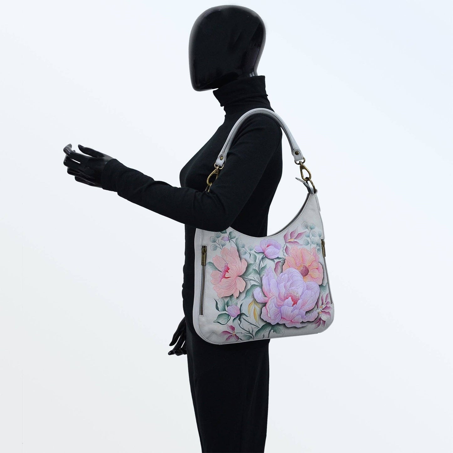 Anuschka Hand-Painted Leather Convertible Slim Hobo With Crossbody Strap - 662 with floral design