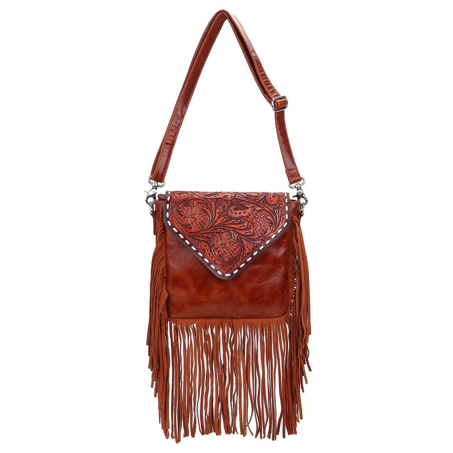 Leather Cowhide Western Hand Tooled Women Crossbody Bag-Brown and white