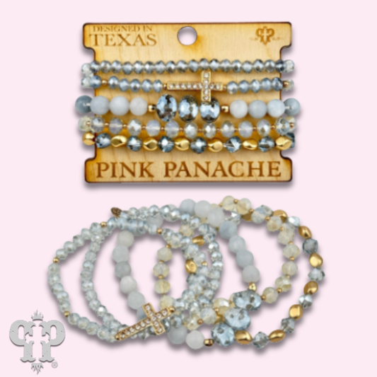 Faceted bead multi-strand bracelet stack, rhinestone cross