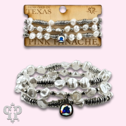 Acrylic pearl bead bracelet stack with Austrian crystal charm