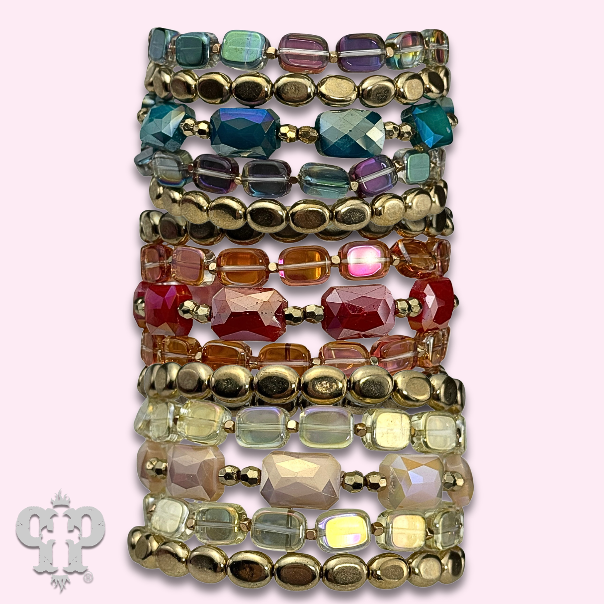 Color mix and gold bead bracelet stack - LC