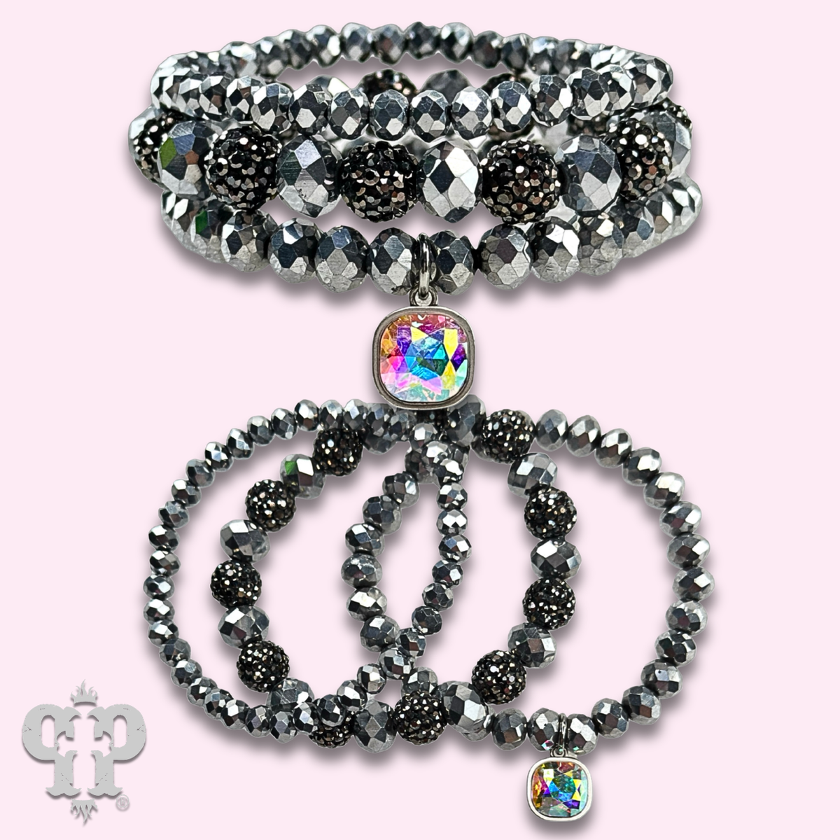 Pave ball and glossy glass bead bracelet with a crystal from Swarovski®